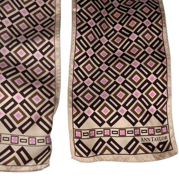 Vintage Ann Taylor Silk Scarf Geometric Brown Beige Pink New - Picture 4 of 13